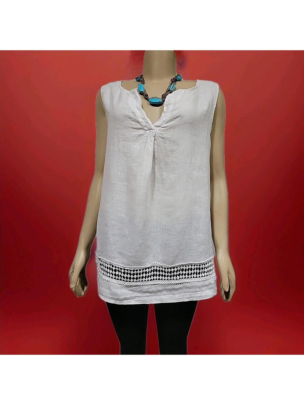Logica Italy Women’s Tunic Size L White Linen Top with Crochet Hemline #C